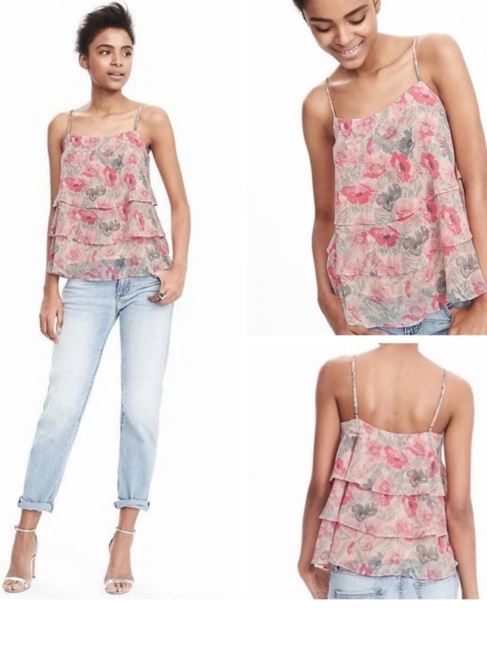 Banana Republic Strappy Tiered Tank Petal Pink Multi Gray Floral Print Small
